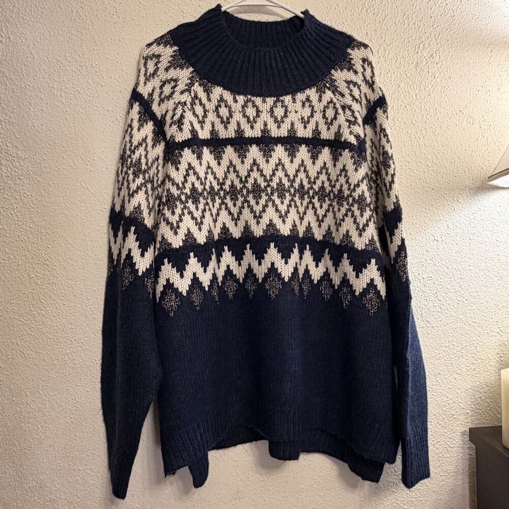 NWT Lucky Brand Sweater Womens XXL Blue Silver Metallic Fair Isle Mock Neck